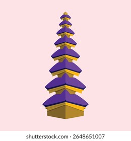 Pagoda. Illustration of a temple with a tiered roof in purple and yellow, suitable for themes of Balinese culture, traditional architecture, tourism, and typical Indonesian icon