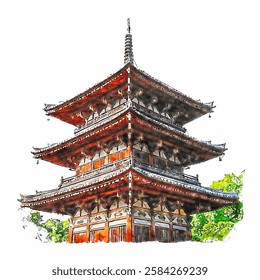 Pagoda japan watercolor hand drawn illustration isolated on white background