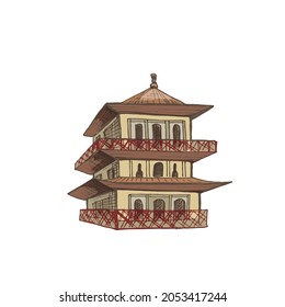Pagoda japanese temple. Vintage vector hatching color illustration. Isolated on white background. Hand drawn design ink