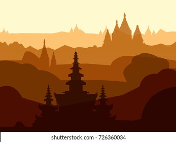 Pagoda landscape. Flat vector illustration.