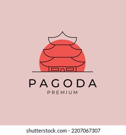 pagoda line art logo with sun vector symbol illustration design