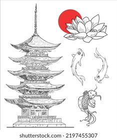 Pagoda, lotus flower, fishes, red moon. Japanese culture sketch hand drawing vectors