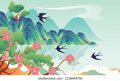 A pagoda is in the middle of a mountain, with a lake in the vicinity, peach blossoms and willow trees with swallows flying, landscape vector illustration