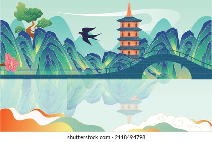 A pagoda is in the middle of a mountain, with a lake in the vicinity, peach blossoms and willow trees with swallows flying, landscape vector illustration