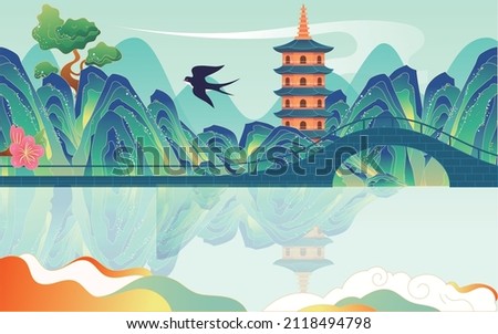 A pagoda is in the middle of a mountain, with a lake in the vicinity, peach blossoms and willow trees with swallows flying, landscape vector illustration