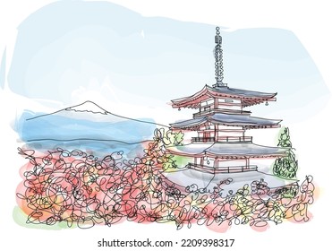 Pagoda and Mountain Fuji in autumn. Japan. Watercolor illustration for calemndar, poster, postcard, social media post or travel magazine