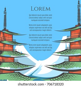 Pagoda and mountain landscape poster background, vector illustration