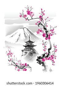 A pagoda in the mountains against the background of blossoming sakura branches. Vector illustration in traditional oriental style.