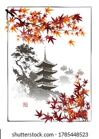 Pagoda on the background of maple branches. The signification of the seal is the name of the author, hieroglyphs White Wolf. Vector illustration in oriental style.