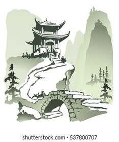 Pagoda on the rock.
The bridge and the footpath to the pagoda. Illustration vector.