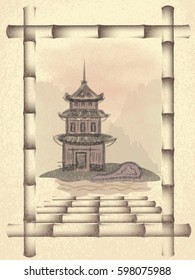 Pagoda over the river. Grunge background. Dark bamboo frame. vector illustration