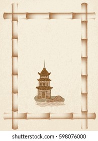 Pagoda over the river. Grunge background. Bamboo frame. vector illustration