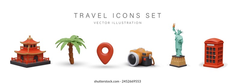 Pagoda, palm tree, geo pin, camera, Statue of Liberty, red phone booth