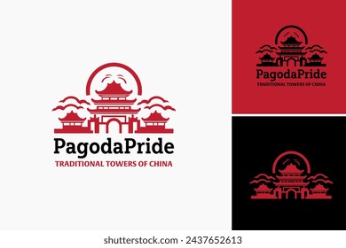 The Pagoda Pride Traditional Towers logo design. China depicts majestic ancient Chinese structures. Ideal for travel websites, backgrounds, and architectural publications.