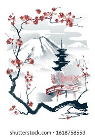 Pagoda and red bridge under the mountain framed by sakura branches. Vector drawing in traditional japanese style sumi-e.