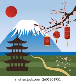 Pagoda, road, mountain peaks. Blooming sakura and Japanese lanterns. Japanese landscape. Mountain against the blue sky and sun. Eastern culture. Vector illustration