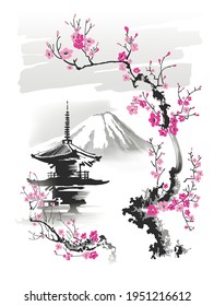 Pagoda y ramificación sakura en el fondo de la montaña. Ilustración vectorial en estilo oriental tradicional.