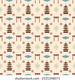 Pagoda silhouette, decorative ornaments and stylized waves. Traditional design elements of China and Nepal, Tibet and Indonesia, Japan. Seamless pattern. Symbols of oriental culture. Vector