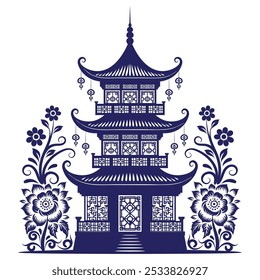 Pagoda silhouette landscape vector illustration decorated with floral ornament 