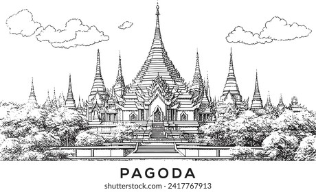 Pagoda sketch line art, myanmar culture  religion for design usage