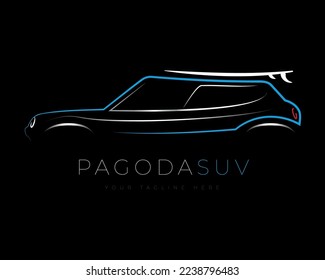 Modelo de diseño de logotipo de sombra conceptual de Pagoda Suv con tabla de surf
