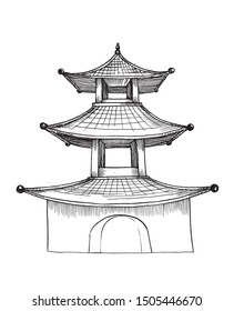 Pagoda with three floors. Tower in the old Asian style.