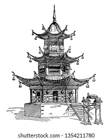 Pagoda is a tiered tower with multiple eaves built in traditions originating as stupa in historic South Asia, vintage line drawing or engraving illustration.