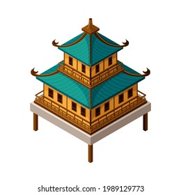 Pagoda as Tiered Tower with Multiple Eaves as Asian Architecture Isometric Vector Illustration