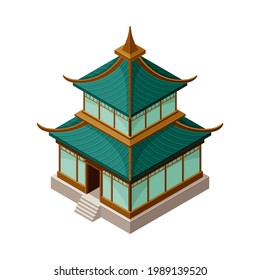 Pagoda as Tiered Tower with Multiple Eaves as Asian Architecture Isometric Vector Illustration