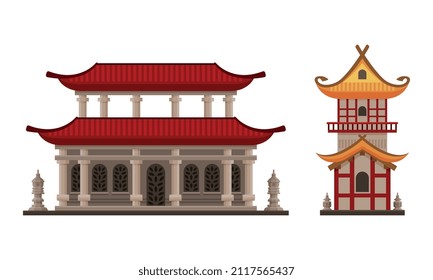 Pagoda as Tiered Tower with Multiple Eaves as Asian Architecture Vector Set