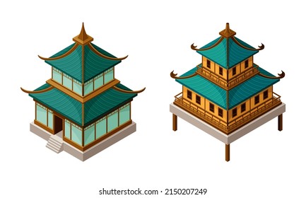 Pagoda as Tiered Tower with Multiple Eaves as Asian Architecture Isometric Vector Set