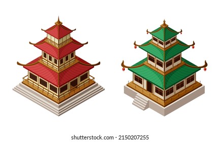Pagoda as Tiered Tower with Multiple Eaves as Asian Architecture Isometric Vector Set