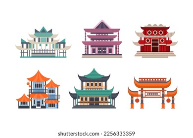 Pagoda as Tiered Tower with Multiple Eaves as Asian Architecture Vector Set