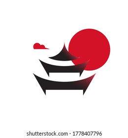 Pagoda Tower Temple With red moon and red cloud International Logo Design Graphic Concept Vector Illustration