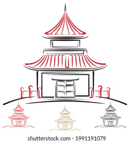 Pagoda Vector Illustration. Traditional Japanese, Chinese, Asian Pagoda Building Vector Outline Illustration Isolated On A White Background

