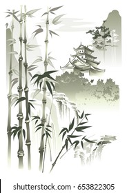 Pagoda at the waterfall.
Pagoda in the mountains at the waterfall. Vector imitation of Chinese painting.