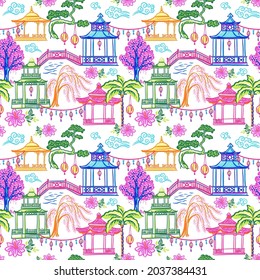 Pagodas y árboles, paisajes chinos. patrón ininterrumpido con ilustración dibujada a mano con tema de chinoiserie