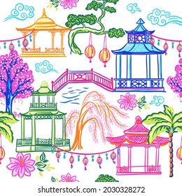 Pagodas y árboles. Patrón vectorial sin inconvenientes con ilustraciones de boceto dibujadas a mano con tema chinoiserie