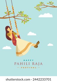 Pahili Raja festival de diseño de saludo con ilustración de una niña en el columpio. 