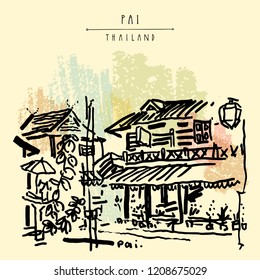 Pai, Mae Hong Son, Thailand, Southeast Asia. Northern Thai paradise. Thai traditional teak wood architecture. Corner restaurant for tourists. Travel hand drawn vintage postcard in vector