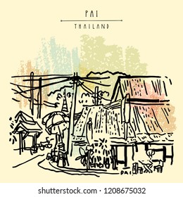 Pai, Mae Hong Son, Thailand, Southeast Asia. Northern Thai paradise. Thai traditional architecture. Corner restaurant for tourists and temple. Travel hand drawn vintage postcard in vector