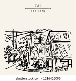 Pai, Mae Hong Son, Thailand, Southeast Asia. Northern Thai paradise. Thai traditional architecture. Corner restaurant for tourists and temple. Travel hand drawn vintage postcard in vector