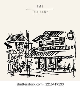 Pai, Mae Hong Son, Thailand, Southeast Asia. Northern Thai paradise. Thai traditional teak wood architecture. Corner restaurant for tourists. Travel hand drawn vintage postcard in vector