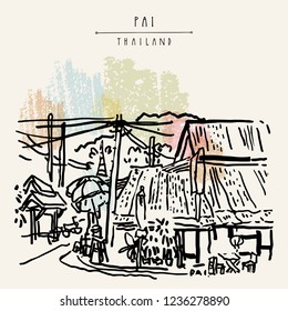 Pai, Mae Hong Son, Thailand, Southeast Asia. Northern Thai paradise. Thai traditional architecture. Corner restaurant for tourists and temple. Travel hand drawn vintage postcard in vector