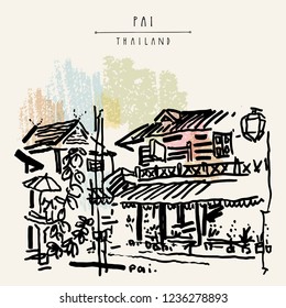 Pai, Mae Hong Son, Thailand, Southeast Asia. Northern Thai paradise. Thai traditional teak wood architecture. Corner restaurant for tourists. Travel hand drawn vintage postcard in vector