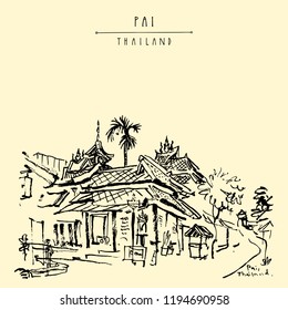 Pai, Mae Hong Song province, Thailand, Southeast Asia. Northern Thai paradise. Thai traditional architecture. Massage and tattoo corner shop for tourists. Travel hand drawn vintage postcard in vector