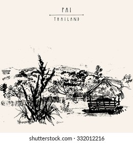 Pai valley in Northern Thailand. Beautiful view from a resort garden. Black and white hand drawn vintage artistic postcard template. Vector illustration
