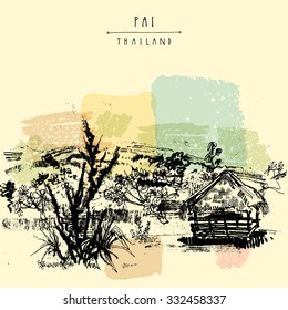 Pai valley in Northern Thailand. Beautiful panoramic view from a resort garden. Hand drawn vintage artistic postcard template. Vector illustration