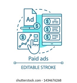 Paid Ads Blue Concept Icon. Online Marketing Idea Thin Line Illustration. PPC Channel. Commercial Connection. Pay Per Click Advertising Campaign. Vector Isolated Outline Drawing. Editable Stroke