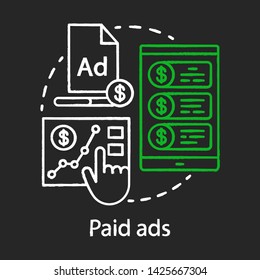 Paid ads chalk concept icon. Online marketing analytics idea. PPC channel. Sales growth. Pay per click advertising campaign. Ad networks. Vector isolated chalkboard illustration